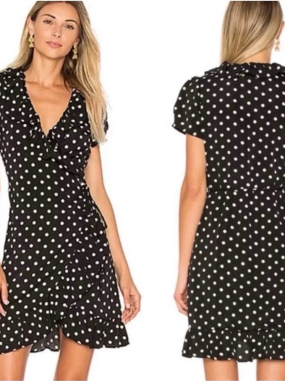 NWOT BRAN brand new Lioness Black Polka Dot Ruffle Wrap Mini Dress